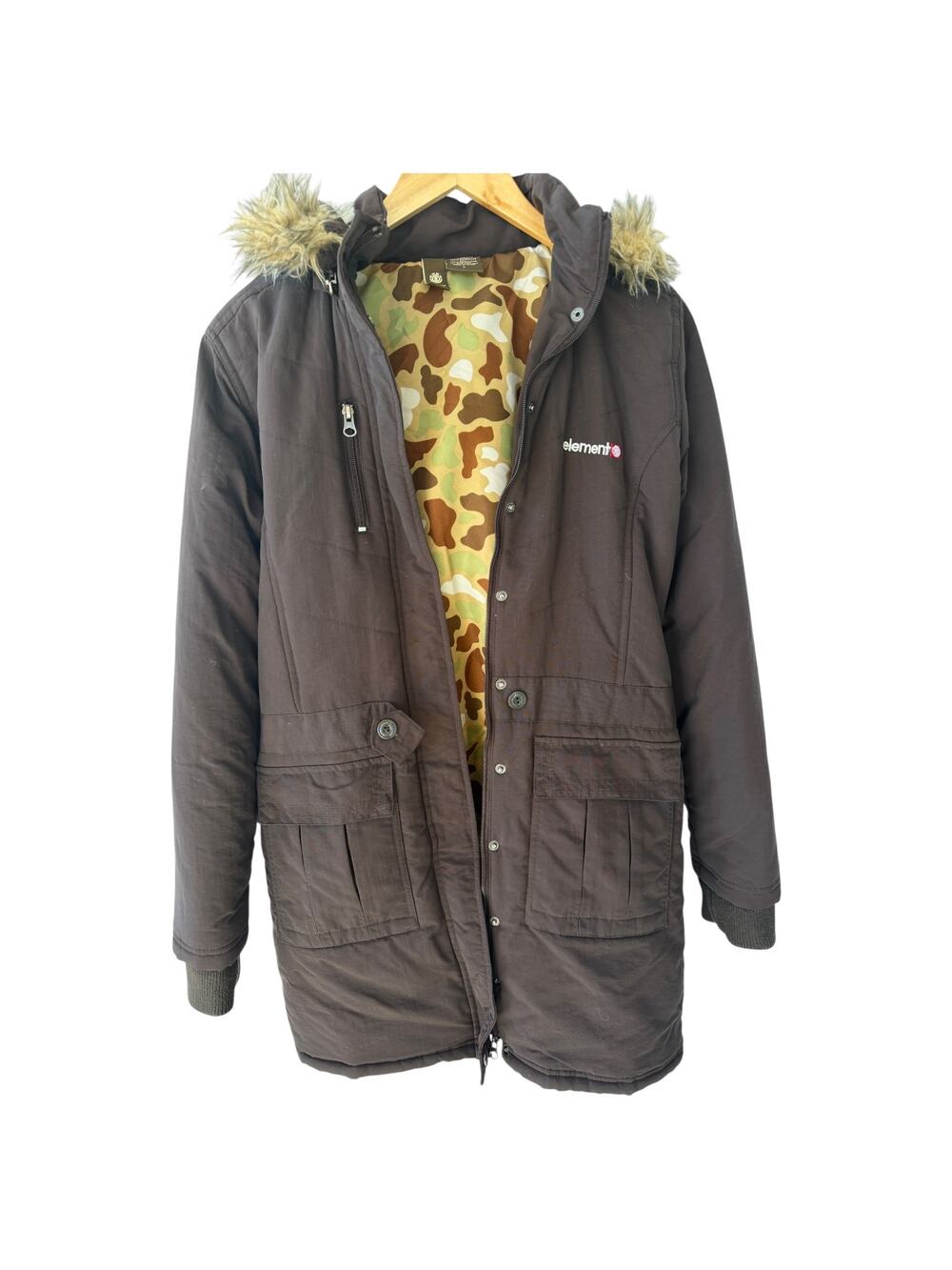 Element Parka Jacket Womens Large Brown Insulated Faux Fur Hood Winter Coat